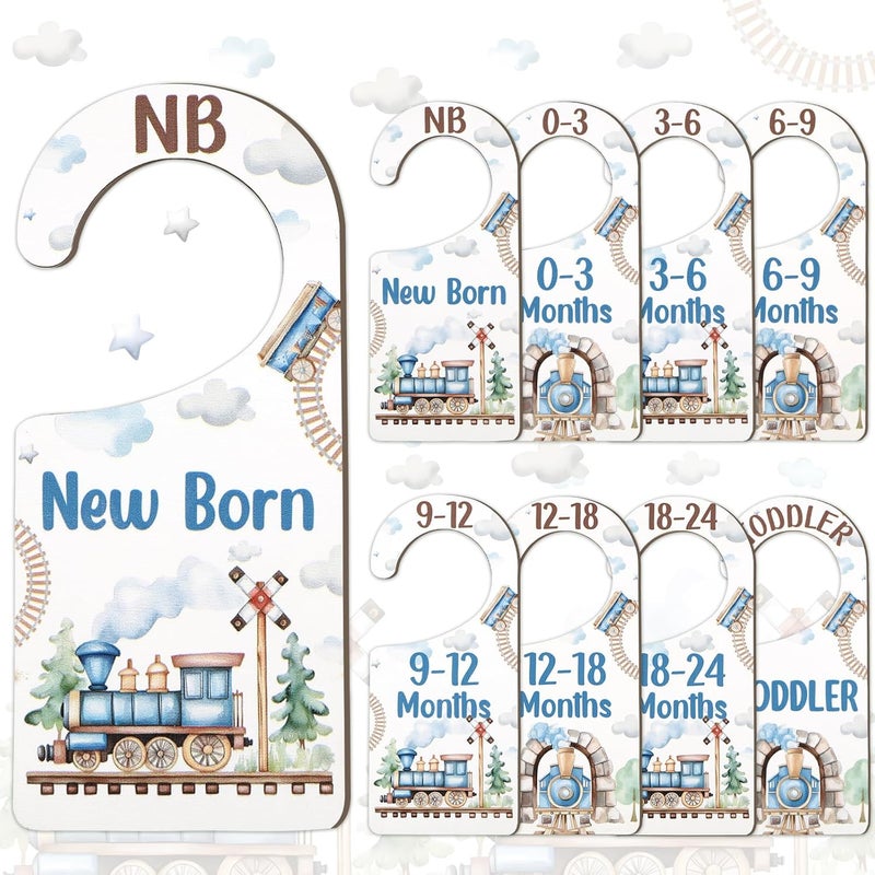 CORNER LACE Baby Closet Dividers 8PCS, Retro Train Themed Wooden Double-Sided Clothes Size Hanger/Organizer from Newborn to Toddler for Nursery Decor Baby Shower Birthday Gender Reveal Party Gift - Image 1